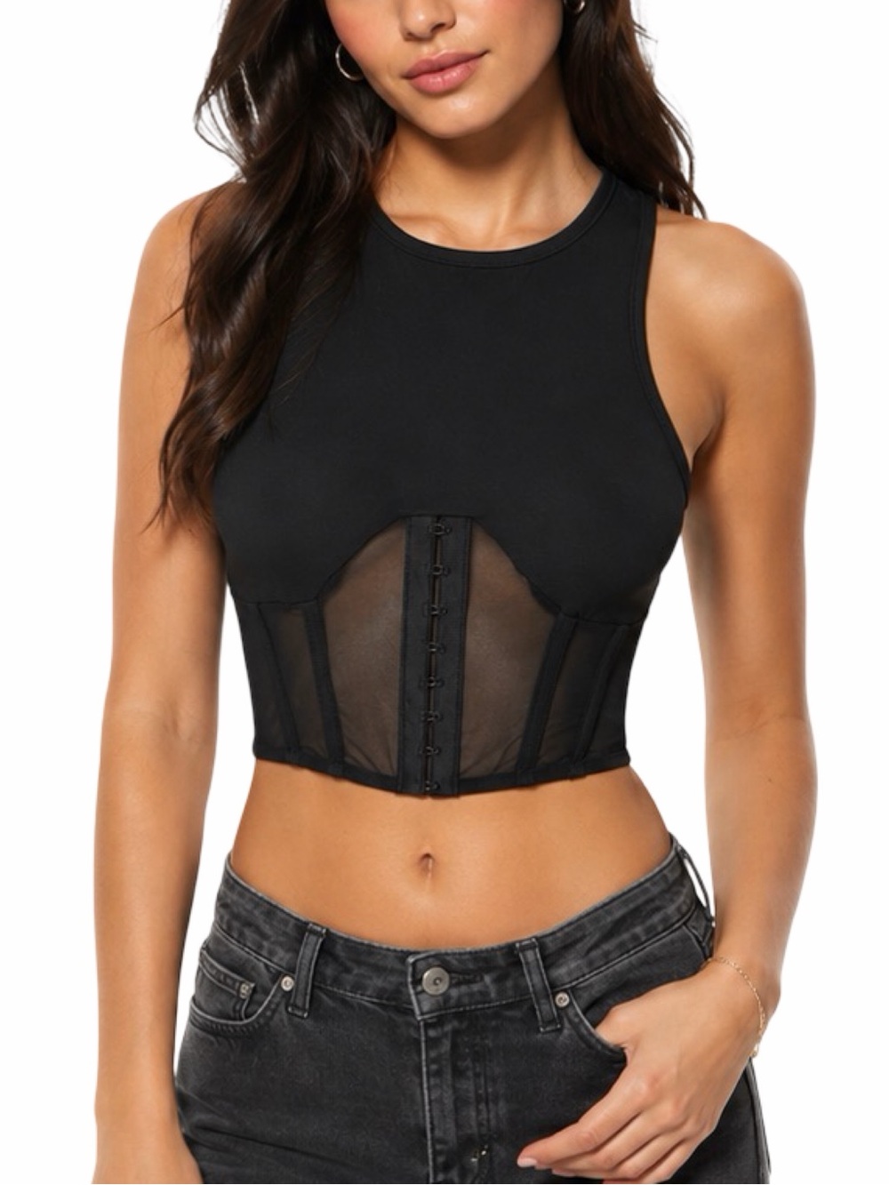 Micas Mesh Panel Corset Crop Top - Size Small - Black